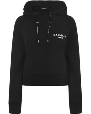 Balmain Logo Cotton Drawstring Hoodie - Black