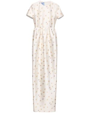 Prada Long Floral Print Silk And Wool Dress - White