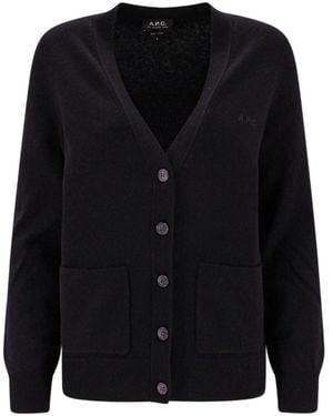 A.P.C. V-Neck Logo Embroidered Cardigan - Black