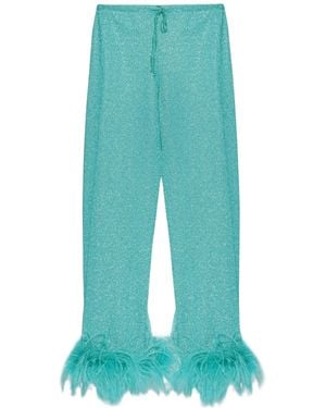 Oséree Feather-Trimmed Straight-Leg Pants - Blue