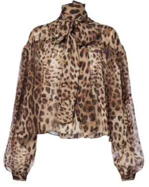 Dolce & Gabbana Leopard-Print Tie-Neck Silk Blouse - Brown