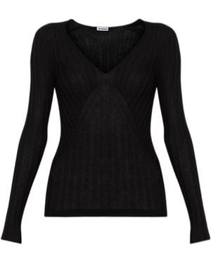 Jil Sander Ribbed V-Neck Knitted Top - Black