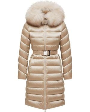 Moncler Leersie Hooded Shearling-Trimmed Long Down Jacket - Natural
