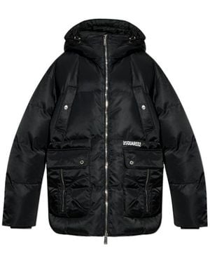 DSquared² Logo Printed Quilted Hooded Down Coat - Black