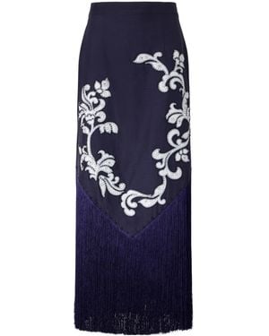 ALÉMAIS Dillon Crystal And Bead-Embellished Fringed Appliquéd Satin Midi Skirt - Blue