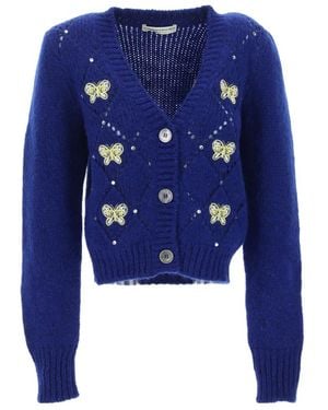 Alessandra Rich Butterfly-Embroidered Pointelle Cardigan - Blue