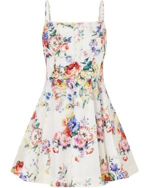 CAMILLA Paneled Embellished Floral-Print Silk And Linen-Blend Mini Dress - White