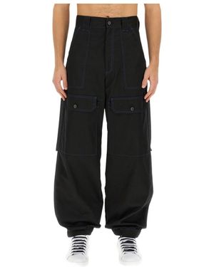 MSGM Contrasting-Stitch Logo-Patch Cargo Trousers - Black