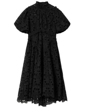 AllSaints Odette Broderie-Anglaise Puff-Sleeve Midi Dress - Black