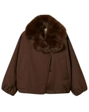 Twinset Casual Jacket With A Faux Fur Collar - Brown