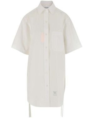 Thom Browne Logo Patch Button-Up Shirt Dress - White