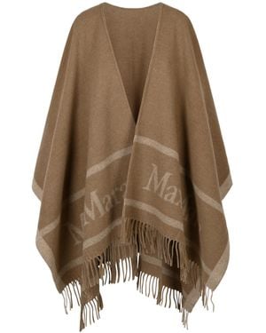 Max Mara Hilde Fringed V-Neck Cape - Natural