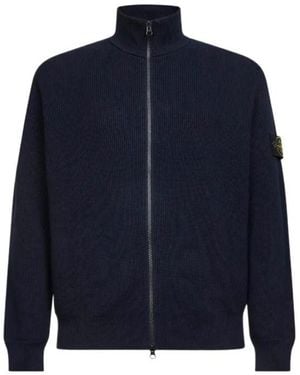 Stone Island Ribbed Stand-Up Collar Cardigan - Blue