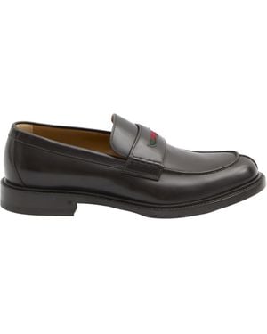 Gucci Web-Stripe Leather Loafers - Gray