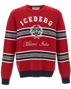 Iceberg Logo Striped Knitted Sweater - Red