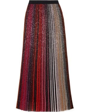 Missoni Pleated Sequined Striped Metallic Crochet-Knit Maxi Skirt - Red