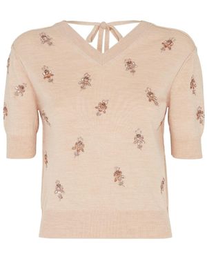 Fendi V-Neck Embellished Knit Top - Natural