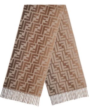 Fendi Ff Jacquard Fringe Detailed Scarf - Brown