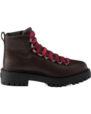 Prada Leather Lace-Up Booties - Brown