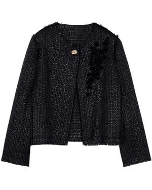 Lanvin Appliqué-Detail Fringed Tweed Jacket - Black