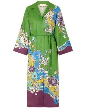 ALÉMAIS Belted Floral-Print Linen Midi Dress - Green
