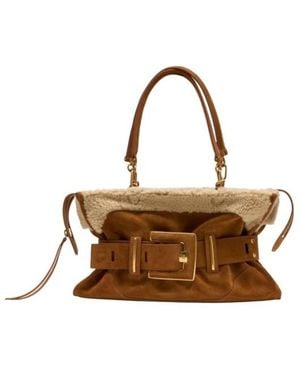 Balmain Anthem Buckled Shearling Shoulder Bag - Brown