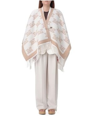 Max Mara Studio All-Over Logo Patterned Fringed Edge Cape - White