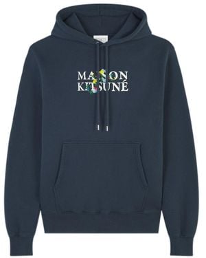 Maison Kitsuné Maison Kitsuné Logo Printed Drawstring Hoodie - Blue