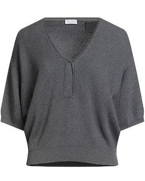 Brunello Cucinelli Solidcolor Vneck Shortsleeve Knit Top - Gray