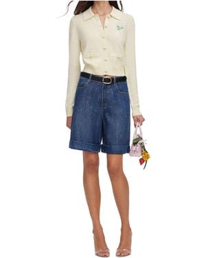 Self-Portrait Floral-Embroidered Button-Up Cardigan - Blue