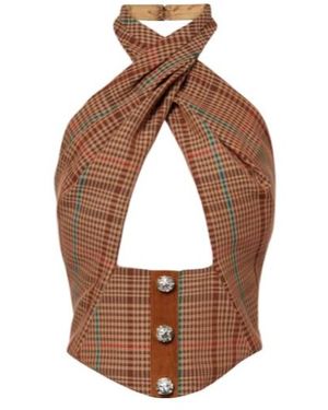 Area Checked Halterneck Wool-Blend Top - Brown