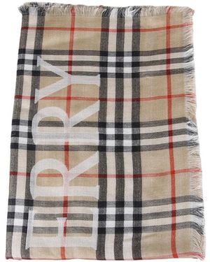 Burberry Logo Printed Checked Fringed Scarf - White
