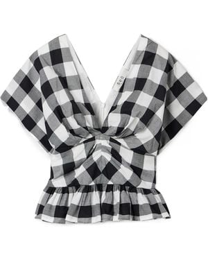 Sea Gathered Gingham Cotton-Poplin Peplum Top - Grey