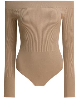 Alaïa Alaïa Off-Shoulder Ribbed Bodysuit - Natural