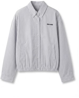 Miu Miu Logo-Embroidered Striped Shirt Jacket - Grey