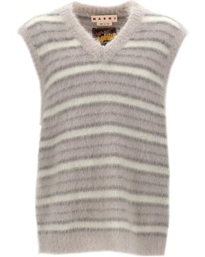 Marni V-Neck Striped Fuzzy Wuzzy Vest - Grey
