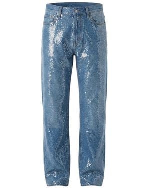 Gucci Cotton Denim Pants With Sequins Embroidery - Blue