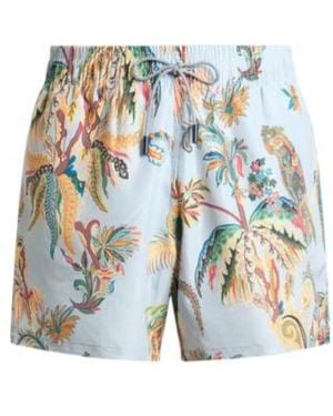Etro Swim Shorts With Placed Parrot And Palm Tree Print - Blue