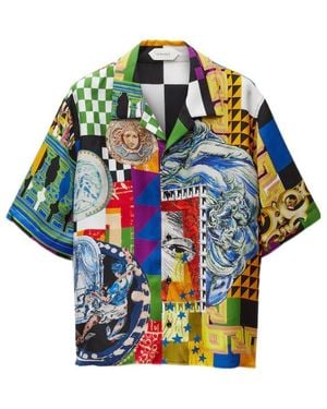 Versace Pattern-Printed Short-Sleeved Twill Shirt - Blue