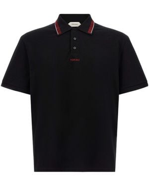 Versace Logo Embroidered Short-Sleeved Polo Shirt - Black
