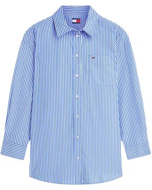 Tommy Hilfiger Vertical-Stripe Logo-Patch Oversized Shirt - Blue