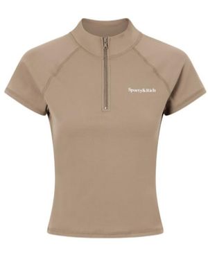 Sporty & Rich Print Stretch-Jersey Half-Zip T-Shirt - Natural