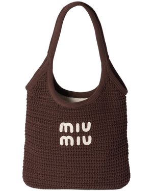 Miu Miu Ivy Raffia-Effect Woven Tote Bag - Brown