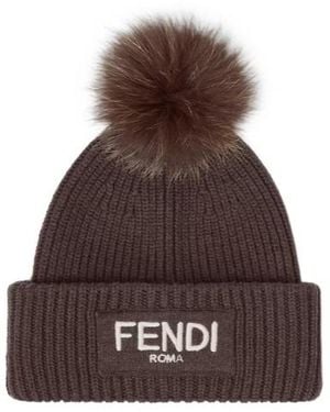 Fendi Logo Embroidered Pompom Detail Beanie - Brown