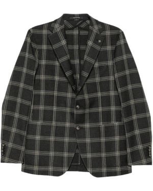 Tagliatore Long-Sleeved Plaid Suit Jacket - Gray