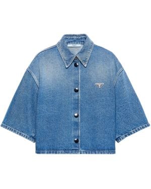 Prada Logo Cropped Denim Shirt - Blue