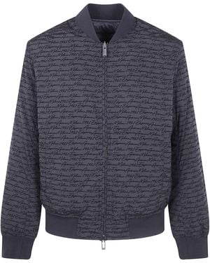Emporio Armani Logo Printed Zipped Bomber Jacket - Blue