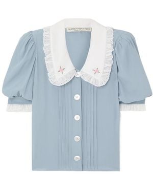 Alessandra Rich Contrast-Collar Pleated Shirt - Blue