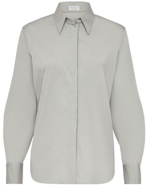 Brunello Cucinelli Bead Embellished Trim Poplin Shirt - Gray