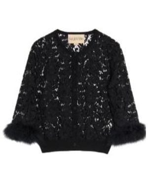 Valentino Lace Feather-Trim Cardigan - Black